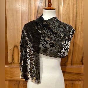 Silk Velvet Burnout Scarf - Floral/Scrollwork Motif, Gold/Silver/Bronze on Black